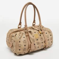 MCM Cognac Visetos Coated Canvas and Leather Boston Bag