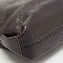 Pre Owned MCM Dark Brown Logo Embossed Leather Messenger Bag