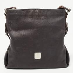 Pre Owned MCM Dark Brown Logo Embossed Leather Messenger Bag