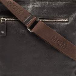 Pre Owned MCM Dark Brown Logo Embossed Leather Messenger Bag