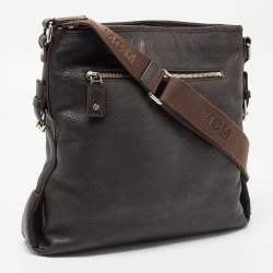 Pre Owned MCM Dark Brown Logo Embossed Leather Messenger Bag