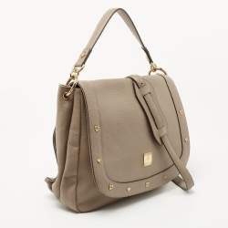 MCM Beige Leather Studded Flap Hobo