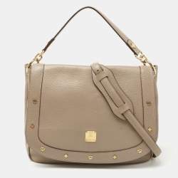MCM Beige Leather Studded Flap Hobo