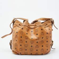 MCM Brown Visetos Coated Canvas and Leather Drawstring Bucket Bag