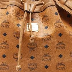 MCM Brown Visetos Coated Canvas and Leather Drawstring Bucket Bag
