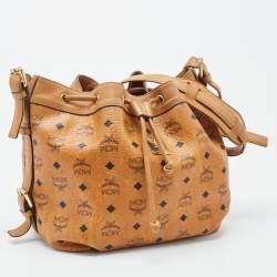 MCM Brown Visetos Coated Canvas and Leather Drawstring Bucket Bag