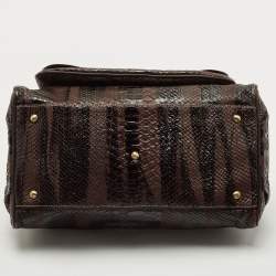 MCM Dark Brown Python Embossed Leather Front Pocket Satchel