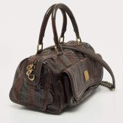 MCM Dark Brown Python Embossed Leather Front Pocket Satchel