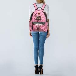 MCM Black/Pink Visetos Leather Large Studded Stark Backpack