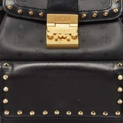 MCM Black Coated Canvas and Leather Studded Drawstring Backpack