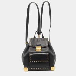 MCM Black Coated Canvas and Leather Studded Drawstring Backpack