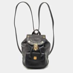 MCM Black Leather Mini Drawstring Backpack