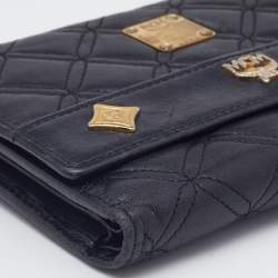 MCM Black Quilted Leather Embellished Flap Compact Wallet