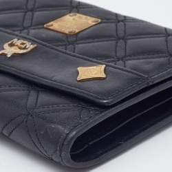 MCM Black Quilted Leather Embellished Flap Compact Wallet