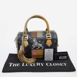 Pre Owned MCM Black/Gold Visetos Coated Canvas, Snakeskin Embossed and Leather Princess Lion Boston Bag