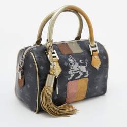 Pre Owned MCM Black/Gold Visetos Coated Canvas, Snakeskin Embossed and Leather Princess Lion Boston Bag