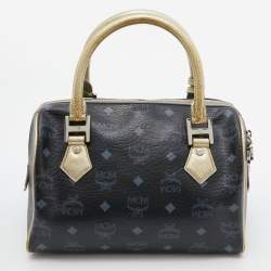 Pre Owned MCM Black/Gold Visetos Coated Canvas, Snakeskin Embossed and Leather Princess Lion Boston Bag