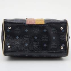 Pre Owned MCM Black/Gold Visetos Coated Canvas, Snakeskin Embossed and Leather Princess Lion Boston Bag
