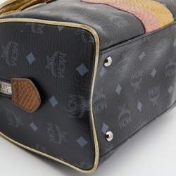 Pre Owned MCM Black/Gold Visetos Coated Canvas, Snakeskin Embossed and Leather Princess Lion Boston Bag