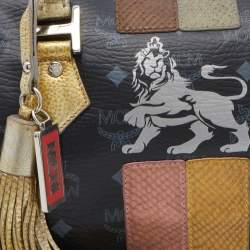 Pre Owned MCM Black/Gold Visetos Coated Canvas, Snakeskin Embossed and Leather Princess Lion Boston Bag