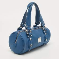 Pre Owned MCM Blue Leather Logo Boston Bag