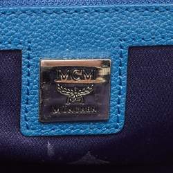 Pre Owned MCM Blue Leather Logo Boston Bag