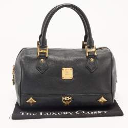 MCM Black Leather Embellished Boston Bag