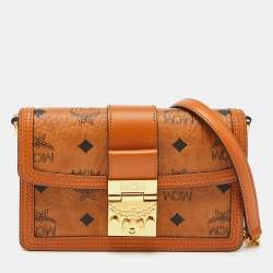 MCM Tracy Satchel Small Visetos Cognac in Coated Canvas with Gold