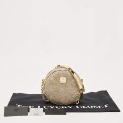 Pre Owned MCM Beige/Gold Lurex Fabric and Laminated Leather Round Crossbody Bag