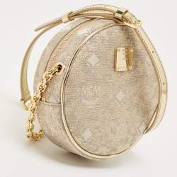 Pre Owned MCM Beige/Gold Lurex Fabric and Laminated Leather Round Crossbody Bag