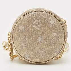 Pre Owned MCM Beige/Gold Lurex Fabric and Laminated Leather Round Crossbody Bag