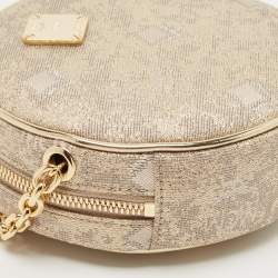 Pre Owned MCM Beige/Gold Lurex Fabric and Laminated Leather Round Crossbody Bag