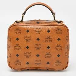 Pre Owned MCM Cognac Visetos Coated Canvas and Leather Top Handle Bag