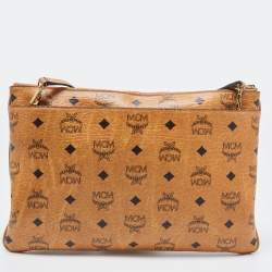 MCM Cognac Visetos Coated Canvas Zip Top Strap Pouch