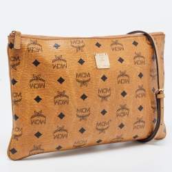 MCM Cognac Visetos Coated Canvas Zip Top Strap Pouch