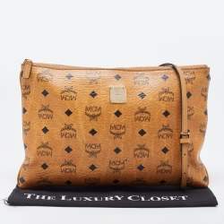 MCM Cognac Visetos Coated Canvas Zip Top Strap Pouch