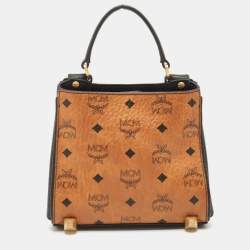 MCM Black/Cognac Visetos Leather Mini Corina Top Handle Bag