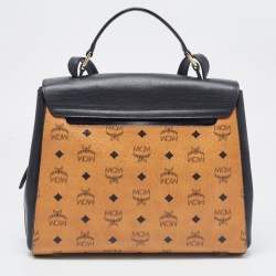 Pre Owned MCM Black/Cognac Visetos Leather Top Handle Bag