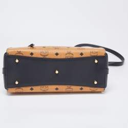 Pre Owned MCM Black/Cognac Visetos Leather Top Handle Bag