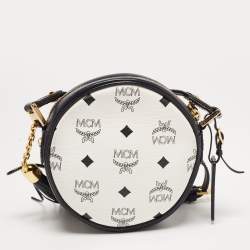 MCM Navy Blue/White Visetos Coated Canvas and Leather Tambourine Round Bag