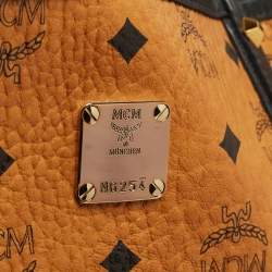 MCM Cognac/Red Visetos Coated Canvas, Leather and Fabric Studded Reversible Tote
