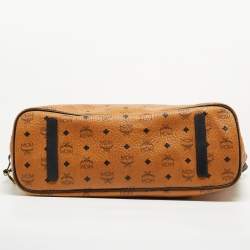 MCM Cognac/Red Visetos Coated Canvas, Leather and Fabric Studded Reversible Tote