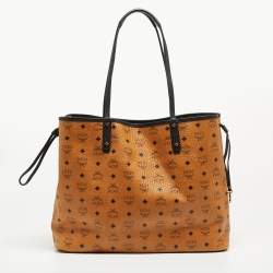 MCM Cognac/Red Visetos Coated Canvas, Leather and Fabric Studded Reversible Tote