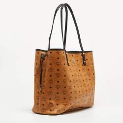 MCM Cognac/Red Visetos Coated Canvas, Leather and Fabric Studded Reversible Tote