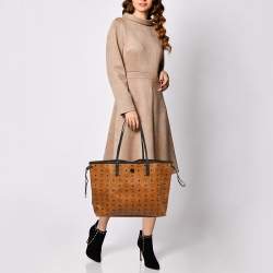 MCM Cognac/Red Visetos Coated Canvas, Leather and Fabric Studded Reversible Tote