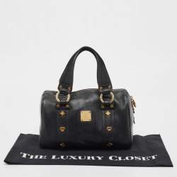 MCM Black Leather Vintage Studded Logo Motifs Boston Bag
