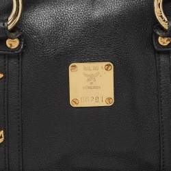 MCM Black Leather Vintage Studded Logo Motifs Boston Bag