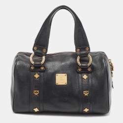 MCM Black Leather Vintage Studded Logo Motifs Boston Bag
