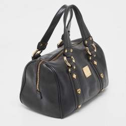 MCM Black Leather Vintage Studded Logo Motifs Boston Bag