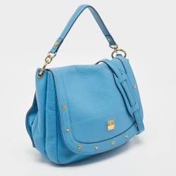Pre Owned MCM Blue Leather Studded Flap Hobo